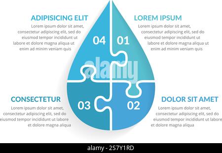 Wassertropfen unterteilt auf vier Puzzleteile mit Zahlen und Text, Wasser-Infografiken, Vektor-eps10-Illustration Stock Vektor
