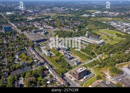 Luftansicht, Baustelle mit neuem TRIUM Bürogebäude Bochum GmbH & Co KG, Westpark Alleestraße und Wattenscheider Straße mit verkehrszirkus Stockfoto