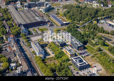 Luftaufnahme, über der Baustelle mit neuem TRIUM Bürogebäude Bochum GmbH & Co KG, Westpark Alleestraße und Wattenscheider Straße mit Traffi Stockfoto