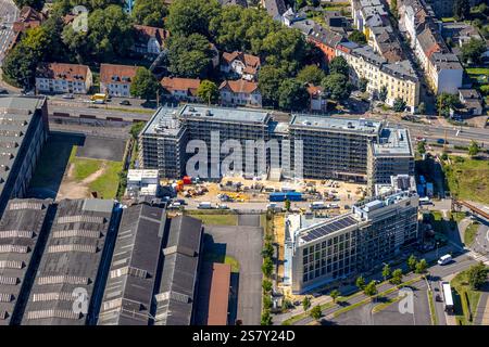 Luftansicht, Baustelle mit neuem TRIUM Bürogebäude Bochum GmbH & Co KG, Westpark Alleestraße und Wattenscheider Straße mit verkehrszirkus Stockfoto