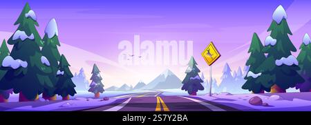 Winterliche Waldstraße Panorama - verschneite Autobahn durch grüne Kiefern in Richtung Berge. Malerische Landschaft mit schneebedeckten Bäumen, Warnschildern, fliegenden Vögeln und frostbedeckten Hügeln. Weg für die Reise. Stock Vektor