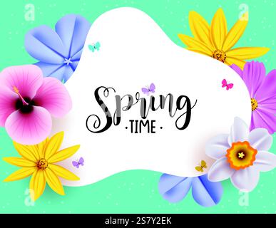 Clipart-Vorlage für Frühjahrsgrüße. Frühlingsgrußkarte mit Platz für Text und Blumenelemente wie Gänseblümchen, Plumeria, Blauglocken und Hibiskus Stock Vektor