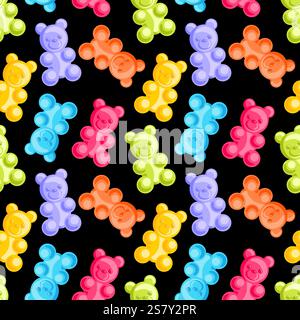 Ein entzückendes nahtloses Muster mit fröhlichen Gummibären in einer Vielzahl lebendiger Farben. Perfekt angeordnet, verleihen diese skurrilen Süßigkeiten einen verspielten Look Stock Vektor