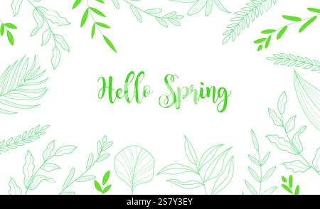 Frühling Hallo Gruß Clipart Hintergrund. Hallo Frühlingstext mit zeichnenden Blumen und Blättern in grüner Farbe für Grußkarten Hintergrund. Stock Vektor