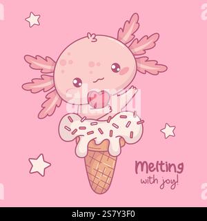 Süßes süßes Dessert rosa Axolotl in Eisbecher mit Herz. Lustige festliche kleine Cartoon-Kawaii-Tierfigur. Vektorabbildung. Urlaub cool Stock Vektor