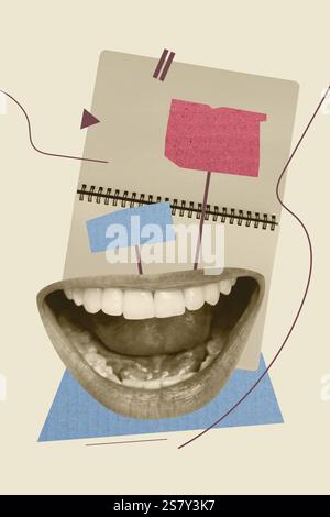 Trend-Artwork Poster Composite Sketch Bild Collage von großen Frauen Mund Lächeln Zähne Lippen Copybook Blatt Seite Anwendungsfragment Stockfoto