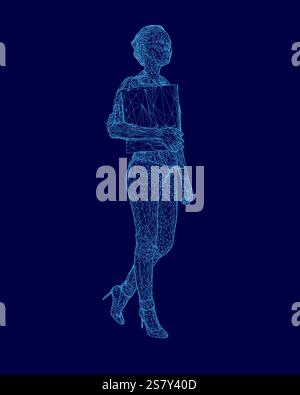 Die Frau steht auf blauem Hintergrund mit einem Buch in der Hand. Das Bild ist ein digitales Rendering einer Frau in einem blauen Kleid, die High Heels und Ho trägt Stock Vektor