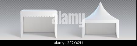 Zeltmockups isoliert auf transparentem Hintergrund. Vektor-realistische Illustration von 3D-Kabinen mit leerer weißer Oberfläche für Branding, Überdachung für Outdoor-Festival oder Veranstaltung im Park, Marktstand Stock Vektor