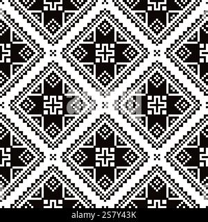 Ukrainisches, weißrussisches Volkskunstvektor nahtloses Muster, Retro monochrome lange Kreuzstich Ornament inspiriert von Volkskunst - Vyshyvanka Stock Vektor