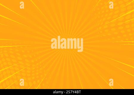 Pop-Art-Hintergrund mit orangefarbenem Burst. Sunbeam Comic Radiallinien Superhelden Action Explosion Blitzschlag Hintergrund Halbtonpunkte. Anime Manga Retro Stock Vektor