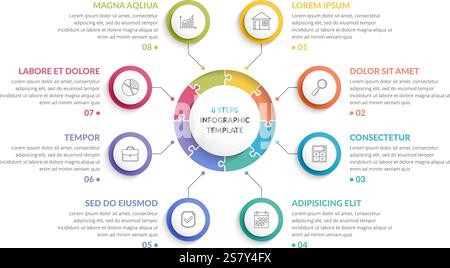 Infografik-Vorlage mit rundem Puzzle mit acht Schritten oder Optionen, Prozessdiagramm, kreative Business-Infografiken, Vektorgrafik eps10-Illustration Stock Vektor