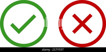 Grünes Häkchen, rotes Kreuz, x-Zeichen-Symbolsatz, flaches gerundetes rechtes und falsches Vektorzeichen-Konzept in kreisförmiger Umrissform. Richtige Abstimmung und Ablehnung Stock Vektor