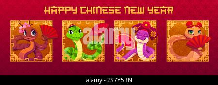 Zeichentrickfilm Asiatische Horoskop-Schlangen, chinesische Neujahrsfahnen mit lustigen, niedlichen Reptilienfiguren, die rote traditionelle Fans in quadratischen Rahmen halten Stock Vektor