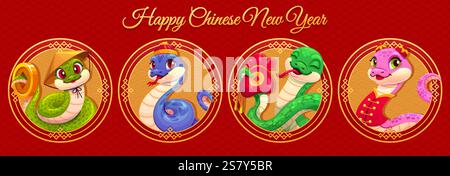 2025 Asiatisches Horoskop Schlangen Collage auf Happy Chinese New Year Banner. Lustige Reptilien halten Goldmünzen und Geldbeutel, tragen traditionelle festliche Attir Stock Vektor