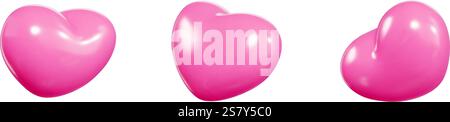 Pinkfarbener, herzförmiger Ballon 3D-Vektorsatz, der aus verschiedenen Winkeln schwimmt. Stock Vektor