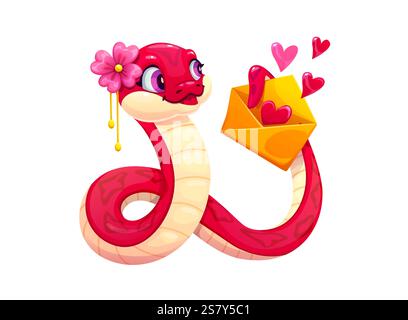 Niedliche Schlangenfigur mit Valentinstag-Umschlag und Liebesherzen. Comic-Vektor-rotes Reptil mit einem Blumenzubehör, das Liebe und Freude ausstrahlt, kombiniert Stock Vektor