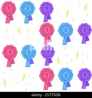Nahtloses Muster von Preisbändern in verschiedenen Farben auf weißem Hintergrund. Ideal für Designs mit Wettbewerbsthemen oder Branding bei Veranstaltungen. Vektorabbildung Stock Vektor