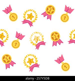 Nahtloses Muster von Medaillen und Bändern in Gold, Silber und Bronze mit dekorativen Lorbeeren. Hervorragend geeignet für Sport-Branding, Event-Awards oder Leistungen Stock Vektor