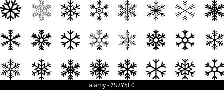 Schneeflocken, Schneeflocken dünne Linie und auffällige Umrisse einfache schwarze Icon Vektor-Pack, Winter Schneeflocken Vorlagen, Schneeflocken Ikonen, Schneeflocken für den Winter. Stock Vektor