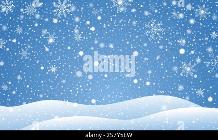 Winterhintergrund Blauer Himmel Schwere Schneefälle und Schneeflocken für Weihnachten, Neujahrsfeiertage, saisonale Veranstaltungen, Dekorationen, festliche Designs, und Frosty Stock Vektor