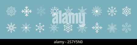 Schneeflocken, Schneeflocken-Vektor-Icon-Pack, Schneeflocken-Wintervorlage, Satz von weißen Schneeflocken-Ikonen, Schneeflocken isolierte Vektor-Illustrationssymbole. Stock Vektor