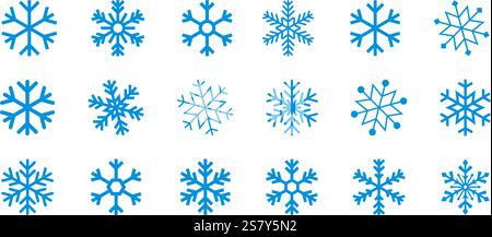 Schneeflocken, Schneeflocken-Vektor-Icon-Pack, Schneeflocken-Wintervorlage, Satz von blauen Schneeflocken-Icons isoliert auf weißem Hintergrund, Vektor-Illustration. Stock Vektor
