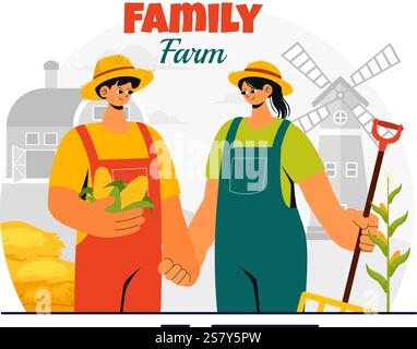 Familie Bauernhof Vektor-Illustration mit einer Mutter und Vater arbeiten auf einem Bauernhof in einer ländlichen Landschaft mit einem flachen Stil Cartoon Hintergrund Stock Vektor