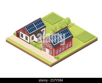 Isometrischer Block mit Erdschichten. Szene mit Häusern, Sonnenkollektoren, Gärten, Feldern und Bäumen in einem grünen Grundriss. Ideal für ländliche Gebiete, umweltfreundliches Wohnen Stock Vektor