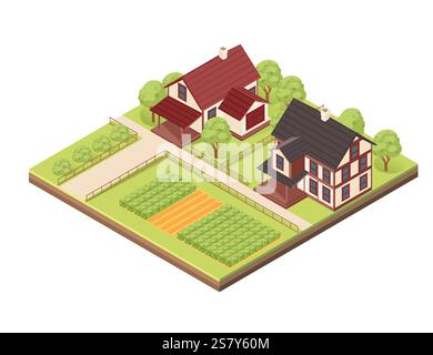 Isometrischer Block mit Erdschichten. Bauernhof mit Häusern, Solarpaneelen, Gärten, Gemüseflächen und umliegenden Bäumen. Ideal für nachhaltiges Wohnen o Stock Vektor