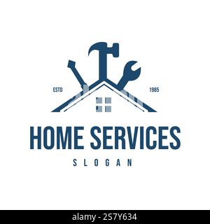 Simple House Design mit Schreinerwerkzeugen Hammer Schraubendreher und Schraubendreher Home Repair Services Logo. Stock Vektor