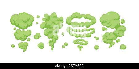 Grüne Rauchwolken. Cartoon Stream Wolken, Comic Staub Dämpfen, helle Wolke Puffs flache Vektor Illustration Set. Staubabscheider Stock Vektor