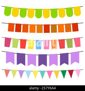 Farbenfrohe Fahnen und bunte Girlanden zur Dekoration. Dekoelemente mit verschiedenen Mustern. Vektorabbildung Stock Vektor
