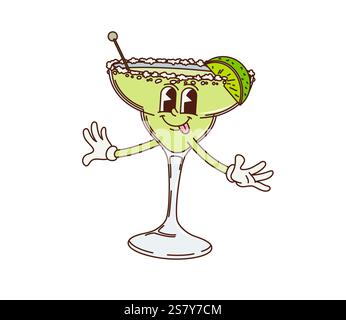 Groovige Margarita-Cocktailfigur im Retro-Stil mit gesalzenem Rand, Limettenscheibe und Getränkerührer, die lächelnd und spielerisch die Zunge herausstreckt. V Stock Vektor