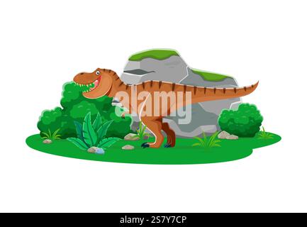 Tyrannosaurus prähistorischer Dinosaurier Charakter in üppigen Waldgebieten mit Sträuchern, Felsen und Farnen. Isolierter Karikaturvektor antike Dino, Apex Raubtier, Stock Vektor