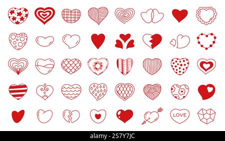 Doodle valentines Tagesherzen. Rote Liebessymbole, romantische Weihnachtssymbole, verschiedene Formen und dekorative Muster, handgezeichnetes einfaches Dekor Stock Vektor