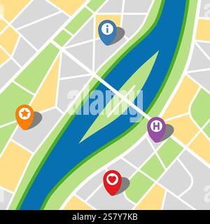 Stadtplan einer imaginären Stadt mit einem Fluss und vier Pins. Vektorabbildung. Stock Vektor