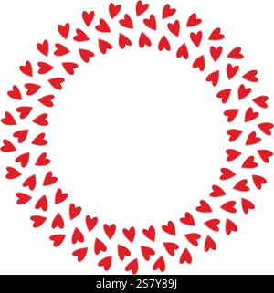 Farbenfrohe handgezeichnete Herzen mit rundem Rahmen in trendigem Rot. Vorlage für Kopierraum am Valentinstag. Isolierte Vektor-Illustration Thematische Karten, Broschüren, Grußworte, Preis, Etikett oder Web-Werbebanner Stock Vektor