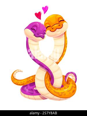 Zwei Schlangen wickeln sich umeinander in Valentinstag-Liebe. Lustige Comic-ineinander verflochtene Reptilien mit Liebesherzen, asiatischem und chinesischem Mondneujahr Stock Vektor