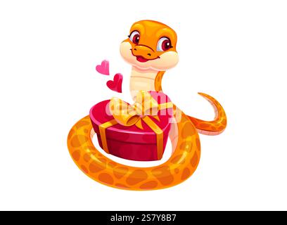 Niedliche gelbe Schlangenfigur mit herzförmiger Geschenkbox für Valentinstag. Vektor asiatisches Reptil, Schlangentierpersönlichkeit strahlt Liebe aus, bereit für festliche o Stock Vektor