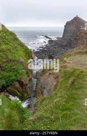 Zwei Wanderer stehen auf einem Hügel am Meer und blicken in einen absteigenden Meeresnebel: In der Nähe des Hartland Quay an der Küste von North Devon, Großbritannien Stockfoto