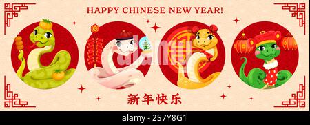 Asiatische Schlangenfiguren, Symbole des chinesischen Neujahrsfestes 2025. Vektorcollage mit niedlichen Comic festlichen Reptilien mit traditionellen Feuerwerkskörpern, lan Stock Vektor
