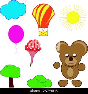 Bär, Blumen, Ballon und andere Elemente und Charaktere für Kinder Flash-Zeichentrickfilm Stock Vektor