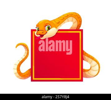 Lustige gelbe Schlangenfigur mit quadratischem Banner. Fröhliches Comic Reptil, traditionelles festliches chinesisches Mondneujahrshoroskop Tier mit rotem Rot Stock Vektor