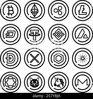 Populäre Kryptowährungs-Ikonographie-Logo-Set mit schwarzen Linien Stock Vektor