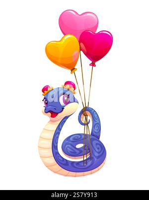 Blaue Schlange mit Valentinstag-Herzballons. Vektor-Zeichentrickfilm niedliche Reptilienfigur in traditionellen chinesischen Accessoires, fliegt auf einem Haufen lebendiger Kugel Stock Vektor