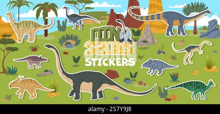 Stickerpackung mit prähistorischen RiesenDinosaurierfiguren in tropischer Jurazeit. Vektorflicken mit Cartoon-Dino-Tieren im alten Wor Stock Vektor
