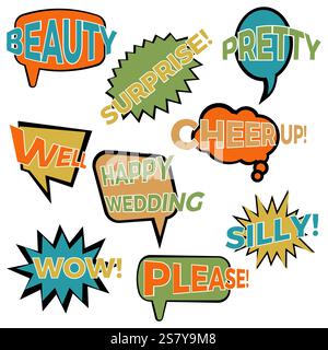 Set aus neun Comic-Ballon-Sprechblasen im flachen Stil. Elemente von Design-Comic-Büchern mit verschiedenen Phrasen. Vektorabbildung Stock Vektor