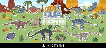 Aufkleberpackung mit riesigen Dinosaurierfiguren aus der prähistorischen Zeit. Vektorflicken mit majestätischen jurassischen Reptilien, Pflanzenfressern und Fleischfressern im Dschungel f Stock Vektor