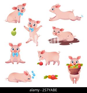 Lustige Cartoon-Schweine. Niedliche Bauernhoftiere spielen, essen Gemüse, baden im Schlamm, kleine rosa Schweine, Kindermaskottchen, verschiedene Posen, glückliche Handlungen und Emotionen Stock Vektor