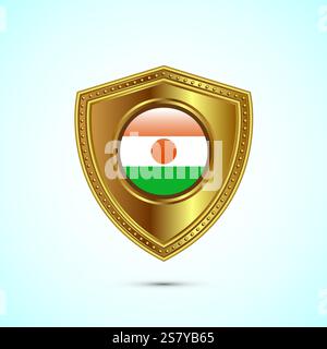 Abgerundete Flagge von Niger mit goldenem Hochglanzschild Stock Vektor